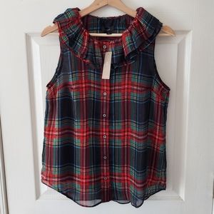 NWT J Crew Black Red Stewart Tartan Sleeveless Ruffle Collar Top Size XS